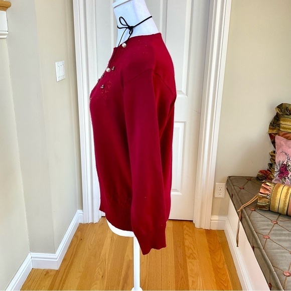 Vintage Sweater Beaded Red Cotton Tiny Sequins & Silver Balls (M) - Picture 2 of 8